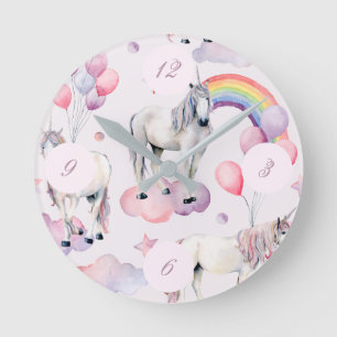 Reloj Redondo Mediano Nubes de arcoiris de unicornio Chica de globo de h