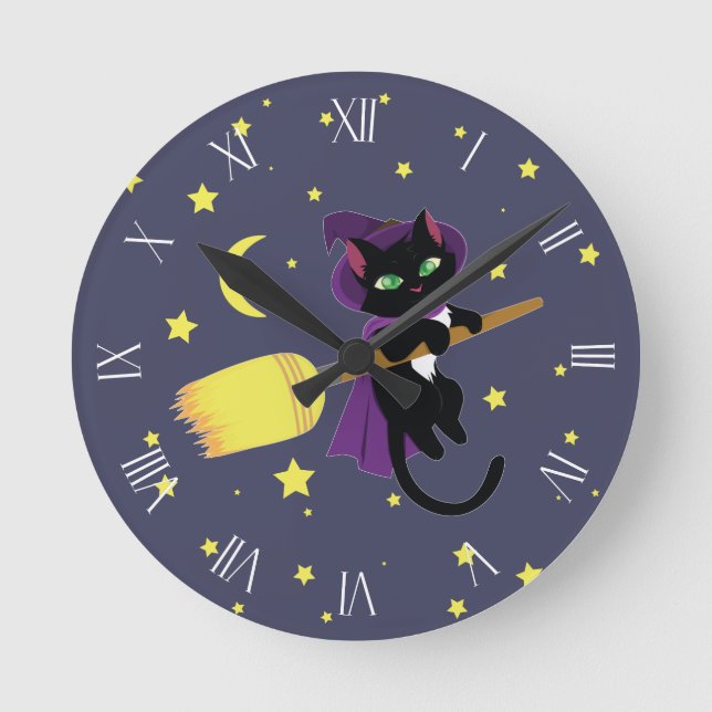 Reloj Redondo Mediano Numerales romanos de gatos brujos voladores (Anverso)