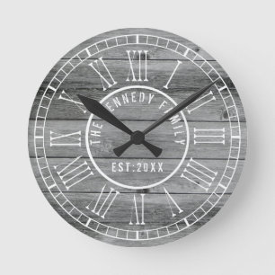Reloj Redondo Mediano Número romano blanco de madera gris rústico del