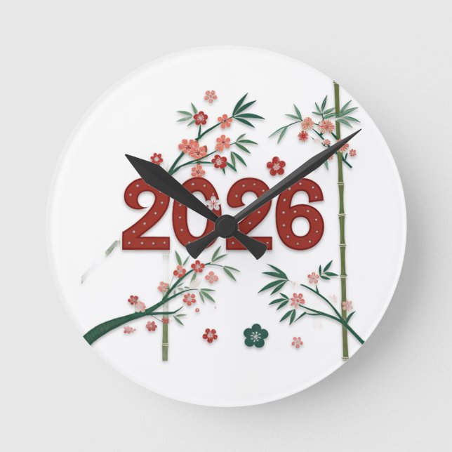 Reloj Redondo Mediano Números de bambú 2026 con flores de cerezo (Anverso)