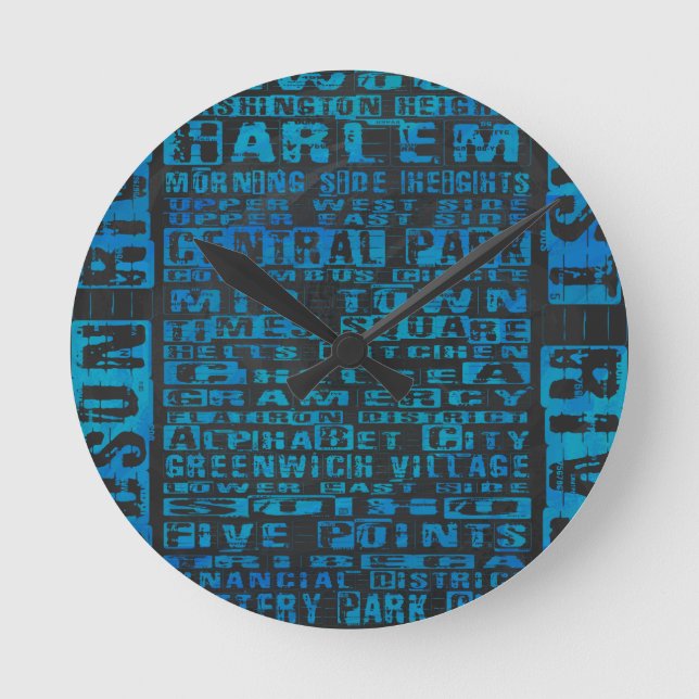 Reloj Redondo Mediano NYC Vecindarios Azul (Anverso)