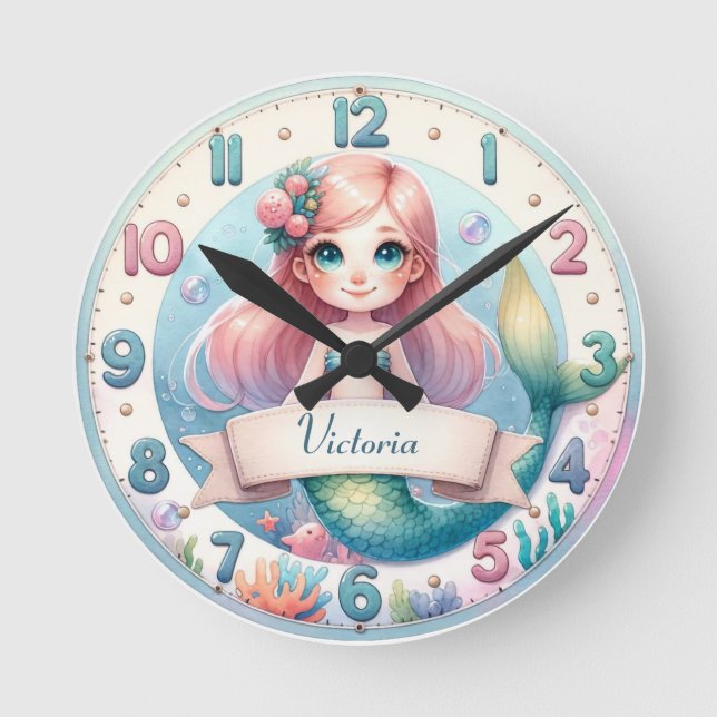 Reloj Redondo Mediano Ocean Whimsy Mermaid Clock (Anverso)