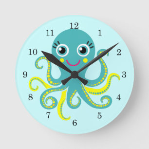 Reloj Redondo Mediano Octopus azul y amarillo