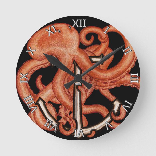 Reloj Redondo Mediano Octopus naranja sobre ancla (Anverso)
