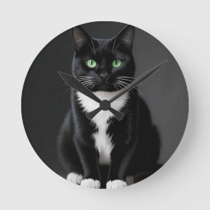 Reloj Redondo Mediano Ojos Esmeralda Gato Negro
