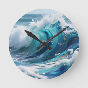 Reloj Redondo Mediano Ola Dorada de Mar Turquesa