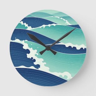 Reloj Redondo Mediano Olas del Océano Azul Turquesa Estilo Japonés