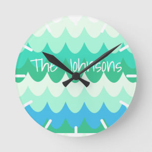 Reloj Redondo Mediano Olas marinas azules, verdes y Verde azuladas