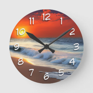 Reloj Redondo Mediano Olas oceánicas y puesta de sol en una ducha arenos