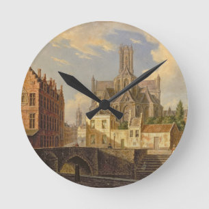 Reloj Redondo Mediano Opinión de la ciudad con la figura pesca en un