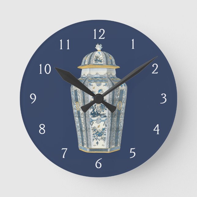 Reloj Redondo Mediano Orgullo asiático decorativo en azul y blanco (Anverso)