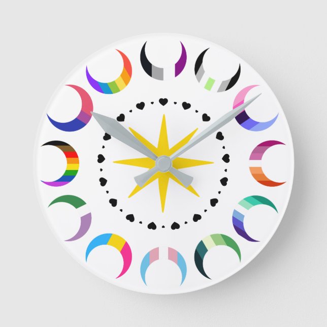 Reloj Redondo Mediano Orgullo de las Lunas Crecientes Queer (Anverso)