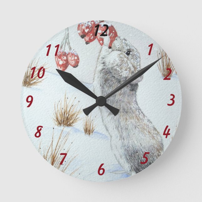 Reloj Redondo Mediano original art cute field mouse snow scene wildlife (Anverso)