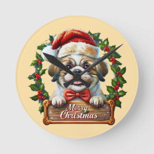 Reloj Redondo Mediano Ornamento navideño de perro lindo - Feliz Navidad"
