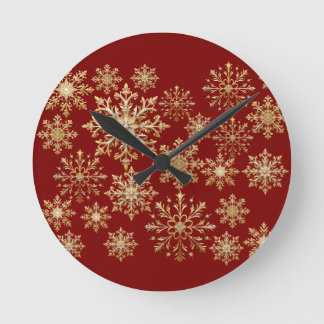 Reloj Redondo Mediano Oro de Navidad y copo de nieve rojo