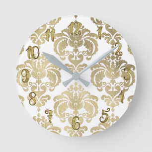 Reloj Redondo Mediano Oro Glam y Damask Blanco Moderno Personalizado