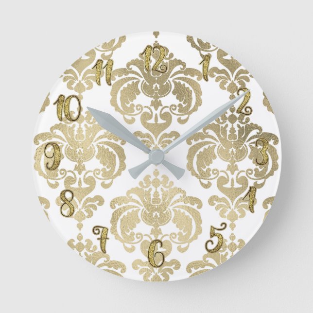 Reloj Redondo Mediano Oro Glam y Damask Blanco Moderno Personalizado (Anverso)