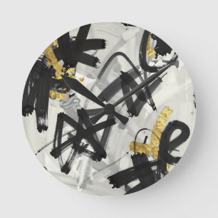 Reloj Redondo Mediano Oro Negro Pinceladas Abstractas