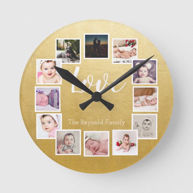 Reloj Redondo Mediano Oro personalizado de 12 Collages de fotos (Anverso)
