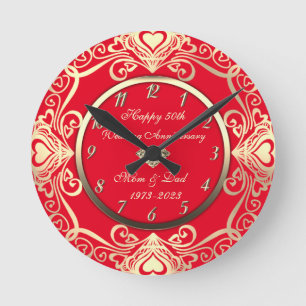 Reloj Redondo Mediano Oro Remolinos Corazones Diamante Rojo 50 Aniversar