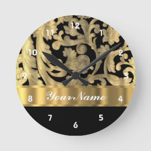 Reloj Redondo Mediano Oro y damasco floral del negro