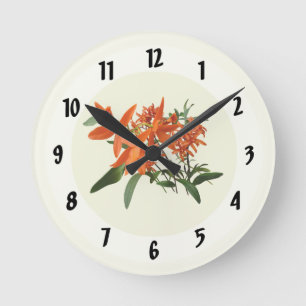 Reloj Redondo Mediano Orquídea Epidendrum Naranja