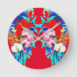 Reloj Redondo Mediano Orquídea tropical y hojas de palma florales hawaia