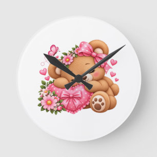 Reloj Redondo Mediano Oso de peluche adorable con lazo rosa y corazones