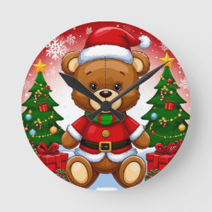 Reloj Redondo Mediano Oso de peluche adorable con traje de Santa