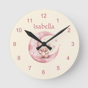 Reloj Redondo Mediano Oso de peluche lindo en luna rosa