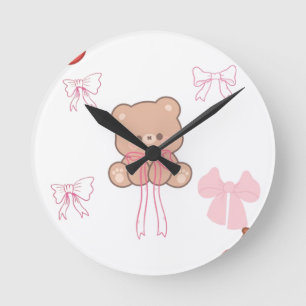 Reloj Redondo Mediano Oso de peluche pastel adorable lazo rosa estética 