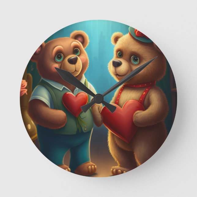Reloj Redondo Mediano oso de San Valentín dibujos animados personalizado (Anverso)