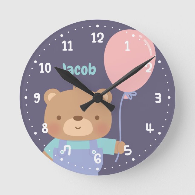 Reloj Redondo Mediano Oso De Teddy Con Globo, Nursera Infantil (Anverso)