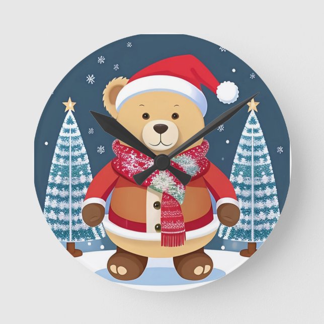 Reloj Redondo Mediano Oso De Teddy Festivo Con Santa Hat (Anverso)