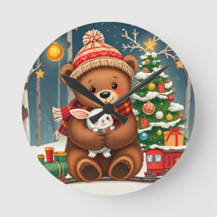Reloj Redondo Mediano Oso Lindo Sosteniendo Conejo Cerca del Árbol de Na