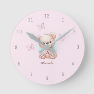 Reloj Redondo Mediano Oso Monograma Nombre Rosa Lindo