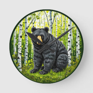 Reloj Redondo Mediano Oso negro en un bosque de abedules