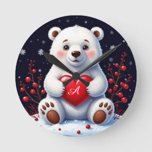 Reloj Redondo Mediano Oso Polar Blanco Adorable Cachorro Sosteniendo un