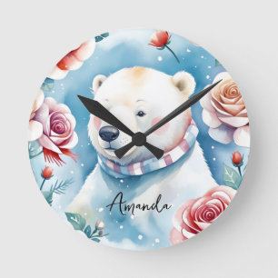 Reloj Redondo Mediano Oso polar de acuarela blanco y rosas rojas