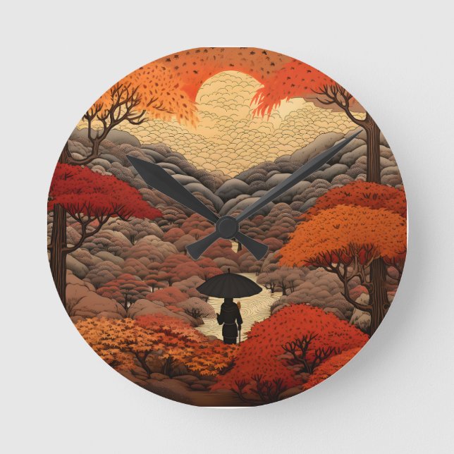 Reloj Redondo Mediano Otoño de Ukiyo-e Japón (Anverso)