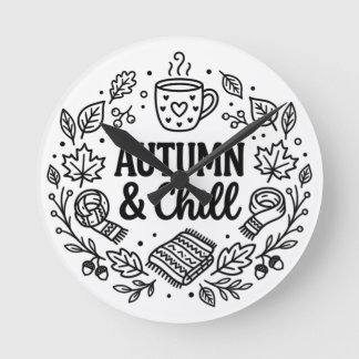 Reloj Redondo Mediano Otoño & Relajación | Arte de Línea con Letras a Ma