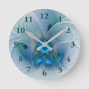 Reloj Redondo Mediano Ovaciones de pie, fractal azul turquesa abstracto
