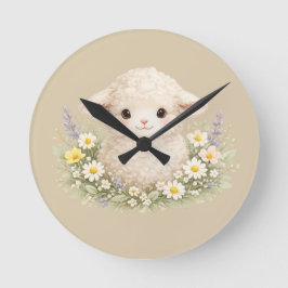 Reloj Redondo Mediano Ovejas caprichosas y flores silvestres para un enc