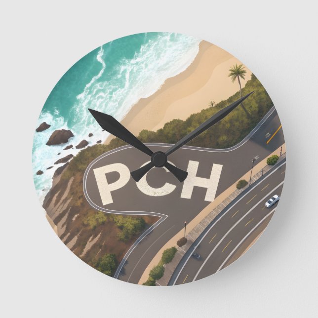 Reloj Redondo Mediano Pacific Coast Highway Aerial Travel Art (Anverso)