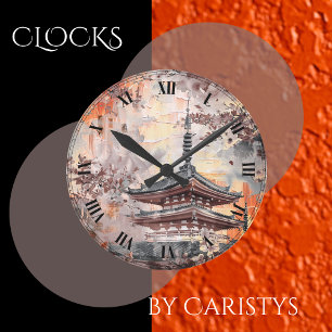 Reloj Redondo Mediano Pagoda de paisajes asiáticos contemporáneos