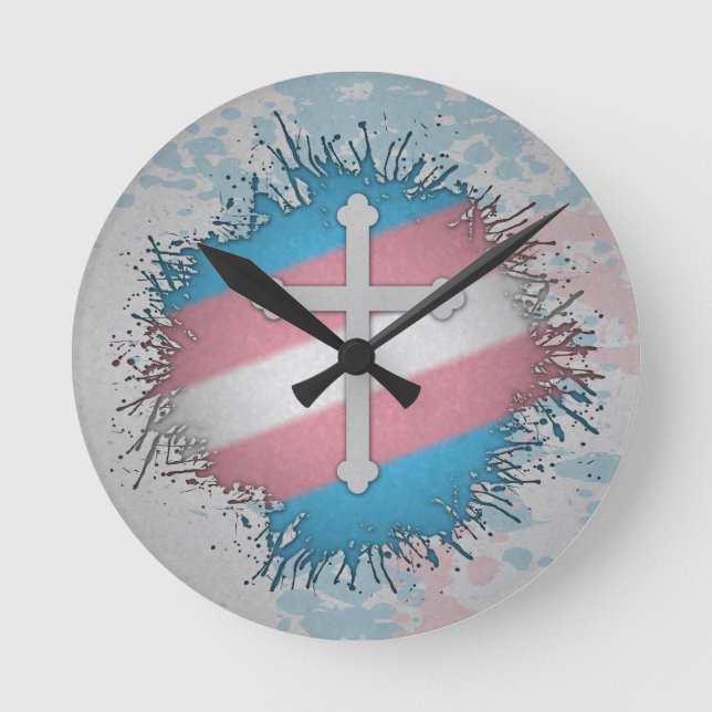 Reloj Redondo Mediano Paint Splatter Orgullo transgénero Cruz cristiana (Anverso)