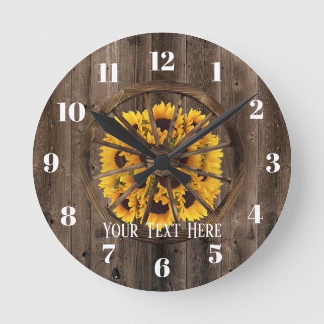 Reloj Redondo Mediano País Rústico de girasoles y ruedas de madera (Anverso)
