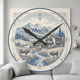 Reloj Redondo Mediano Paisaje Alpino Nevado de Montaña Azul Chalet Rústi