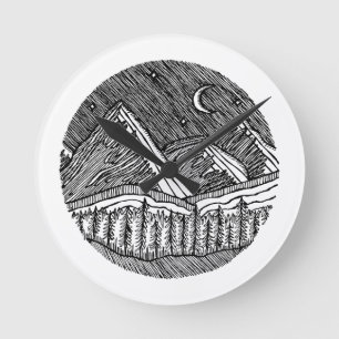 Reloj Redondo Mediano Paisaje Alpino Redondo Dibujado con Tinta Negra y