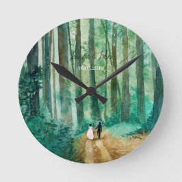 Reloj Redondo Mediano Paisaje arbolado de acuarela boda